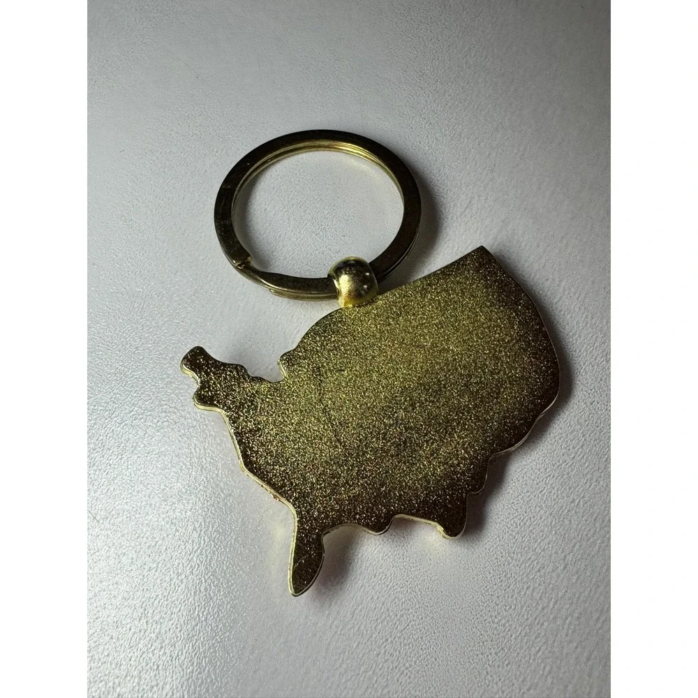 USA United States Map Flag Statue of Liberty Keychain Souvenir‎ Gold Tone